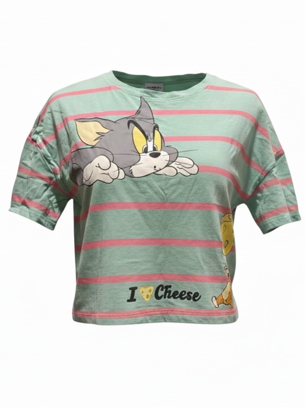 Tom & Jerry Green and Pink Striped Tee, Mint/Pink, XS, EUC